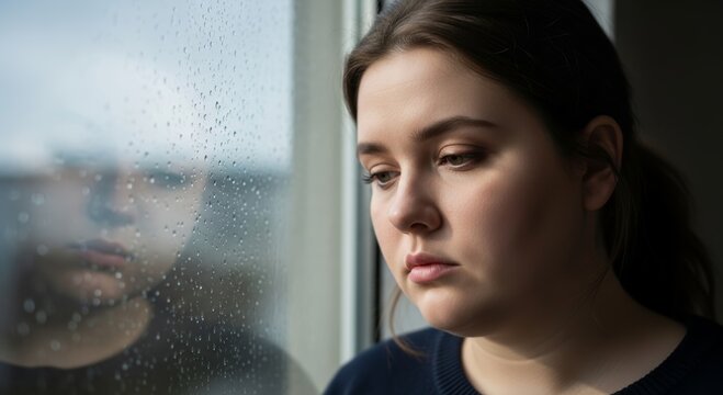 Pensive caucasian young female gazing through rainy window