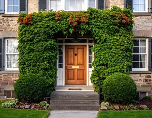 A stone house entrance, door centered in a lush green ivy arch, red flowers atop, flanked by windows and bushes