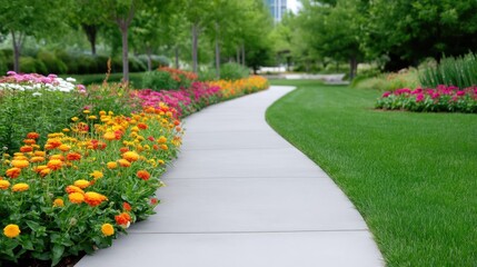 Obraz premium Vibrant Flower Bed Along a Winding Pathway in a Lush Public Park Surrounded by Greenery and Colorful Plants in Natural Light
