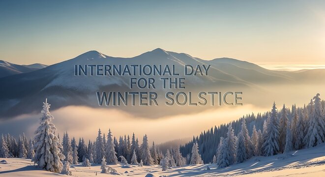 International winter solstice day background with snowy mountains and trees landscape image stock photo