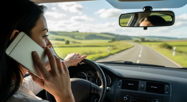 Young asian female driving on country road while talking on phone