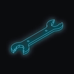 Neon blue wrench outline glowing on a black background, isometric projection