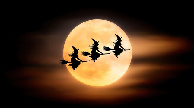 Three Witches Flying on Brooms Against a Full Moon Background in a Dark Sky for Halloween Theme and Nighttime Imagery