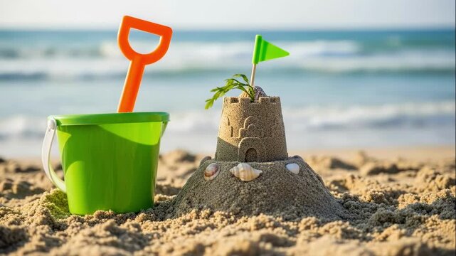 Sandcastle with a green bucket and orange shovel on a sunny beach. Summer holiday scene with toys by the sea. Childhood vacation concept