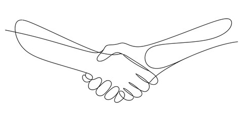 Continuous line drawing of a handshake symbol of agreement, partnership, and successful business deal collaboration connection.