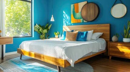 A contemporary bedroom featuring a queen-size bed, bright blue walls, and warm wooden textures for a balanced modern aesthetic.