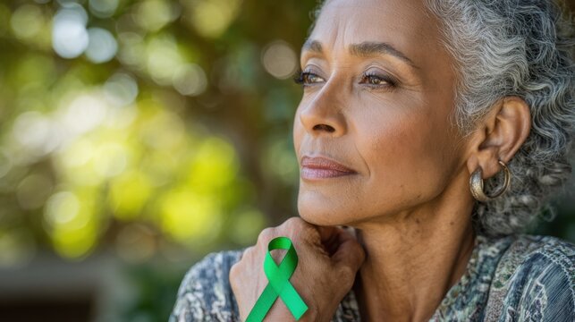 Multiracial woman holds delicate green ribbon floating softly in bright natural light, symbol of compassion and mental health awareness