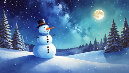Merry Christmas snowman with hat and carrot nose enjoying the snowy winter night under the full moon