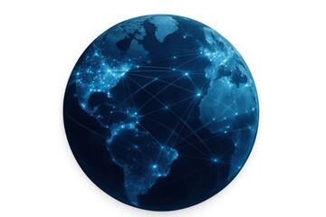Fototapeta premium Blue earth globe showing a global network with glowing lines and points connecting continents, representing modern digital communication. Transparent background