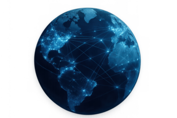 Blue earth globe showing a global network with glowing lines and points connecting continents, representing modern digital communication. Transparent background