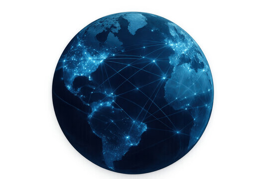 Blue earth globe showing a global network with glowing lines and points connecting continents, representing modern digital communication. Transparent background