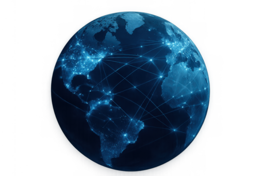 Blue earth globe showing a global network with glowing lines and points connecting continents, representing modern digital communication. Transparent background