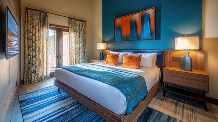 A contemporary bedroom with a cozy queen-size bed, bold blue tones, and warm wooden finishes, blending artistic flair with modern comfort.