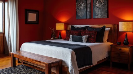 A contemporary bedroom featuring a plush queen-size bed, deep red walls, and wooden textures, creating a bold yet inviting space.