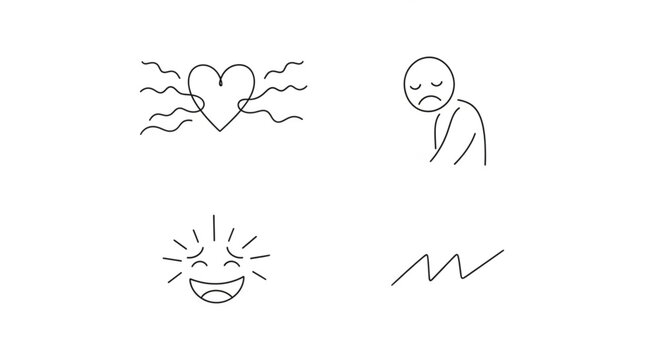 This image displays a set of four minimalist line art icons representing various emotional and physical states. The collection includes symbols for love/passion (a pulsing heart), sadness/grief .