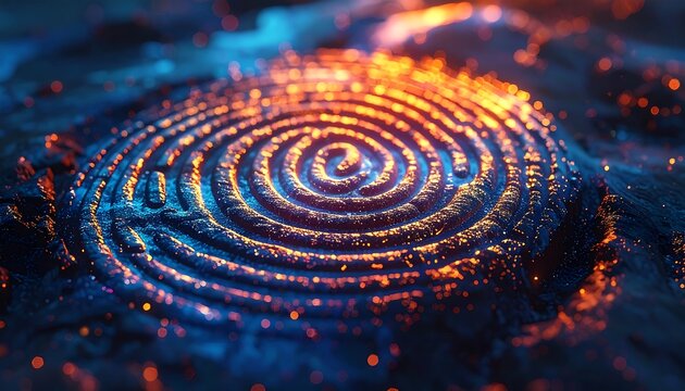 Abstract fingerprint with glowing particles and vibrant colors.