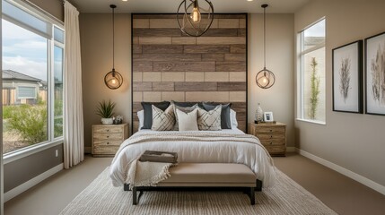 A contemporary bedroom with a feature wall, designer pendant lighting, and a sophisticated neutral color palette