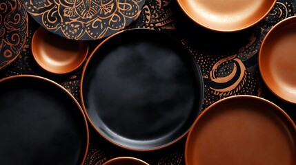 Modern flatlay of black and copper chargers on high-contrast pattern