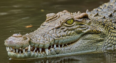 Obraz premium Close-up of crocodile head above water highlighting sharp teeth and textured skin