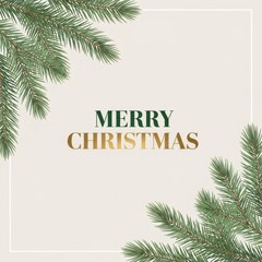 Fototapeta premium Merry Christmas greeting with green pine branches on light background. Festive winter holiday card with copy space for seasonal message.