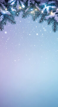 Snowy fir branch with warm light garland, against a gradient backdrop with bokeh. Representative of winter, festive celebration, or Christmas theme