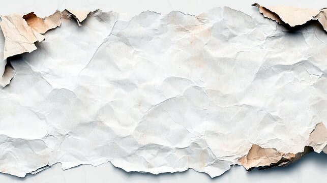 A close-up, abstract view of torn and crumpled paper, featuring textured folds and irregular brown edges.