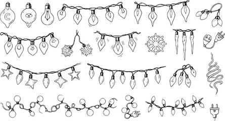 Christmas Holiday Lights Sketch Set. Hand-drawn collection of festive string lights, garlands, varied light bulbs, icicles, snowflakes, and power plugs, isolated vector doodles.