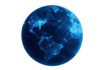 Global network connecting continents, digital communication across earth, worldwide internet technology on transparent background