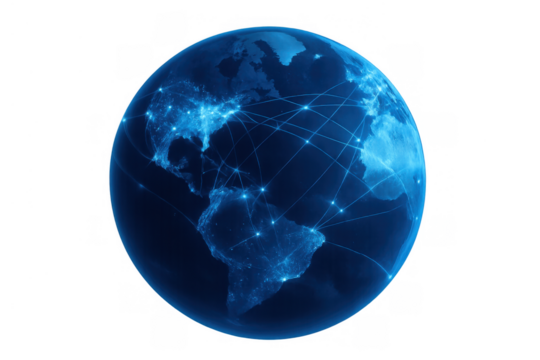 Global network connecting continents, digital communication across earth, worldwide internet technology on transparent background - Powered by Adobe