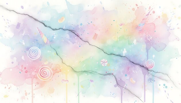 Dreamy Pastel Rainbow Watercolor Background with Candy and Unicorn Horn