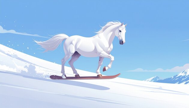 A white horse shredding on a snowboard.