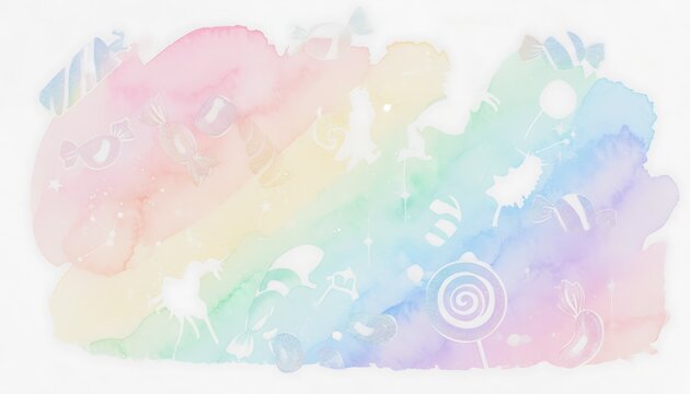 Kawaii Pastel Rainbow Watercolor Splash with Candy and Fantasy Silhouettes - Powered by Adobe