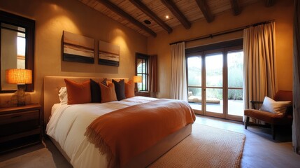 A contemporary bedroom with a plush queen bed, soft apricot-colored walls, and a natural wood ceiling for an earthy touch.