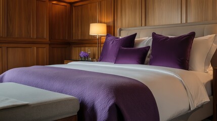 A contemporary bedroom with a plush queen-size bed, delicate lavender tones, and sleek wooden paneling, creating a peaceful and stylish retreat.