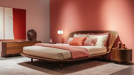 A contemporary bedroom with a sleek queen bed, warm pink accent walls, and minimalistic wooden bedside tables for a chic modern look.