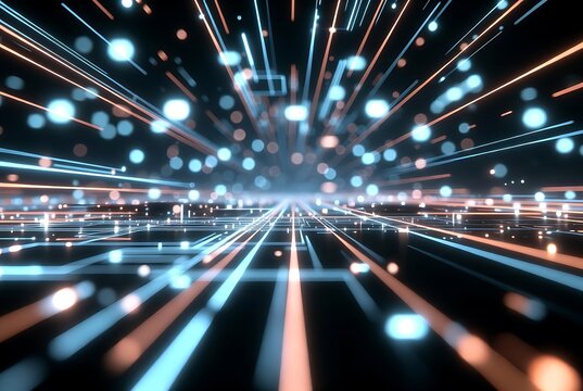 Futuristic digital interface with glowing lines, abstract circuits background