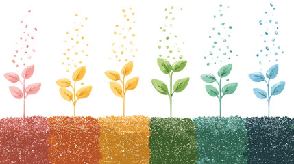 Colorful plants in a row isolated on representing growth stages