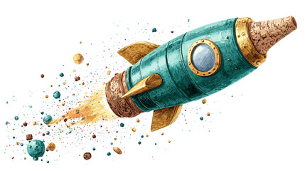 Watercolor illustration of a rocket ship isolated on
