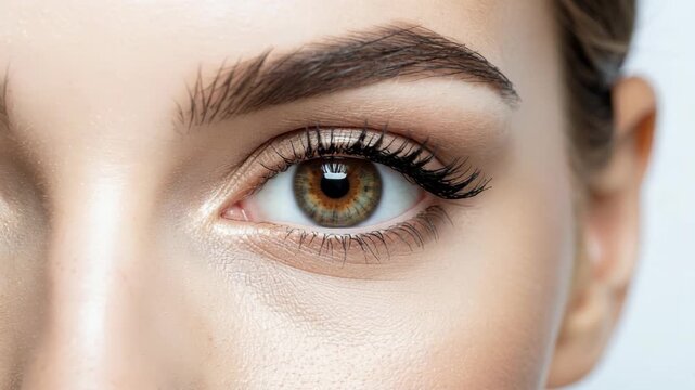 Close-up of a beautiful woman's eye with hazel iris and dark eyebrow, Detailed view of woman's face with focus on the eye, showcasing intricate details