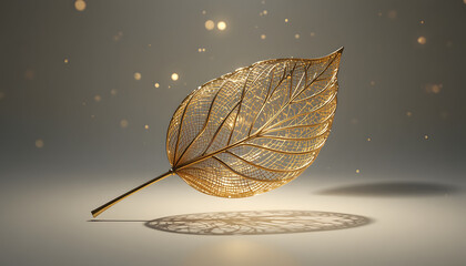 Elegant golden leaf with intricate veins casting a delicate shadow, perfect for luxury branding and design projects