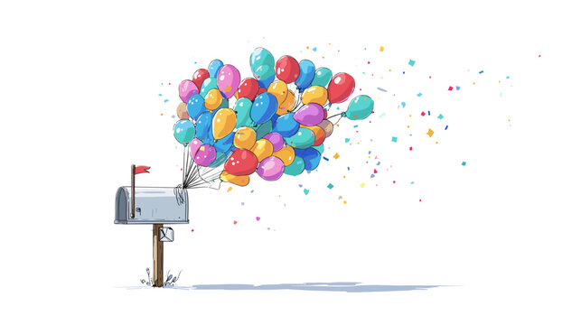 Mailbox with many colorful balloons isolated on in watercolor style