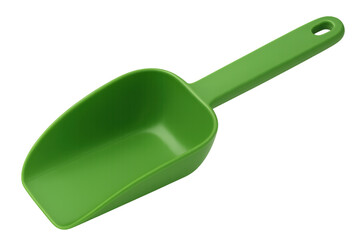 Green plastic scoop with handle and hole, useful for measuring dry goods, pet food, or small gardening tasks, isolated