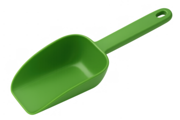 Green plastic scoop with handle and hole, useful for measuring dry goods, pet food, or small gardening tasks, isolated