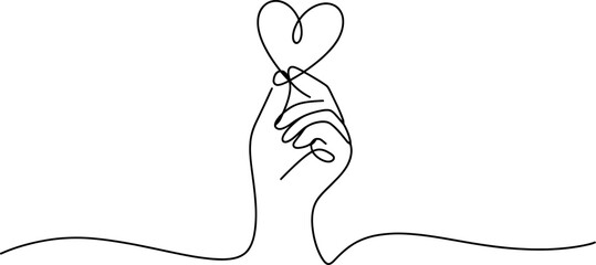 Minimalist continuous line art drawing of a human hand performing a korean finger heart gesture symbolizing love, affection, and appreciation