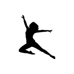 Silhouette of a woman in mid air with arms outstretched and one leg extended on a white background