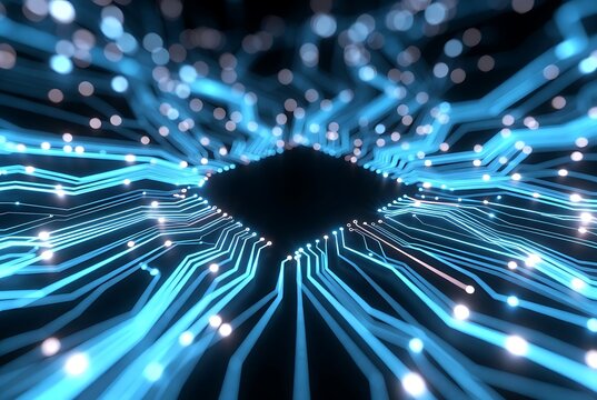 Futuristic digital interface with glowing lines, abstract circuits background