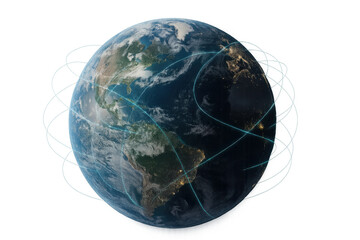 Earth planet with glowing lines showing global communication, connection, technology, and network on transparent background