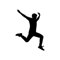 Silhouette of a person mid air with arms raised and one leg extended in a dynamic leaping posture on white