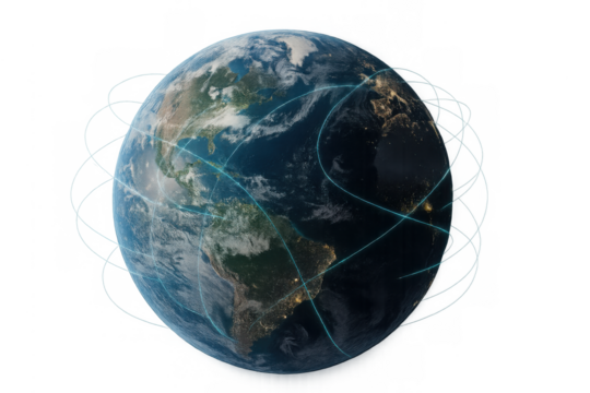 Earth planet with glowing lines showing global communication, connection, technology, and network on transparent background