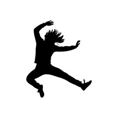 Silhouette of a person jumping with outstretched arms and legs against a white background displaying movement